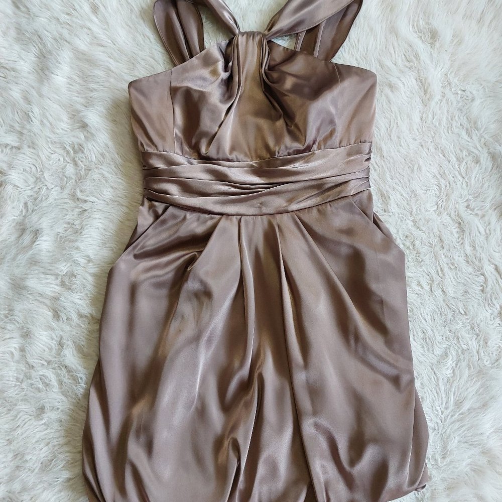Check out this David's Bridal Women's Grey Satin Sleeveless Bubble Pleated Dress